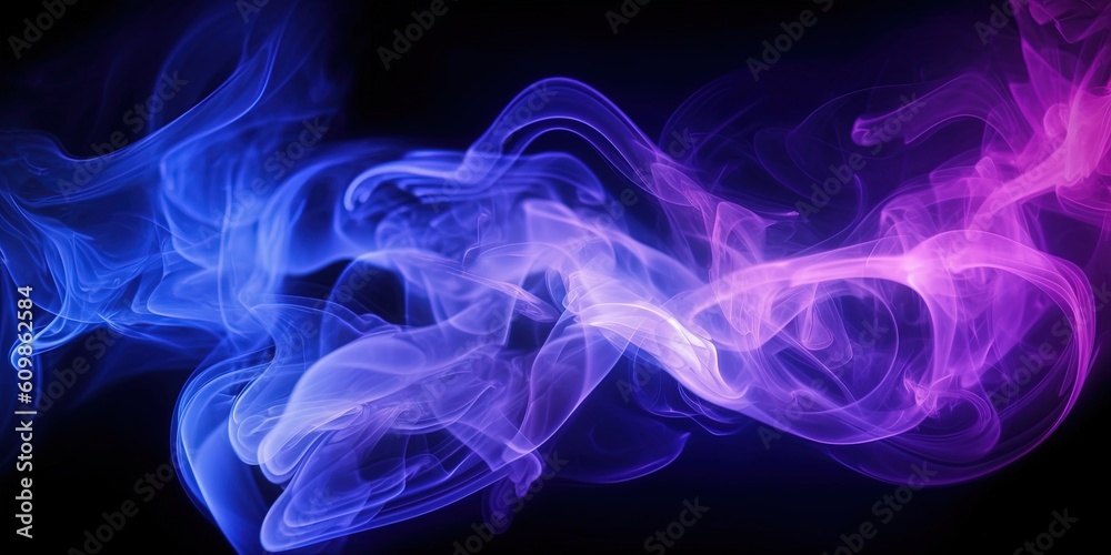 Blurred colored smoke on black background, purple blue white colours with grainy effect in dark, copy space
