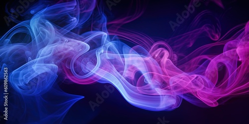 Blurred colored smoke on black background, purple blue white colours with grainy effect in dark, copy space