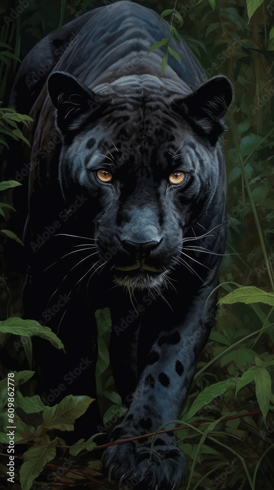 Wild black panther in the jungle. Panthera. Generative AI