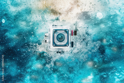 Action camera in waterproof case under water Generative AI
