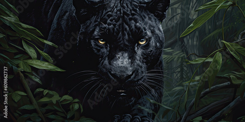 Wild black panther in the jungle. Panthera. Generative AI © Farnaces