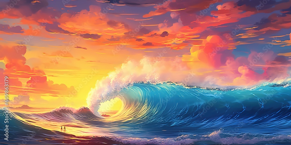 Colorful ocean wave. Sea water wave shape. Sunset light and beautiful clouds on beach background Colorful ocean wave. Sea water wave shape. Sunset light and beautiful clouds on beach background