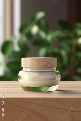 Portrait cosmetic jar mockup on the wooden table with light exposure AI Generative