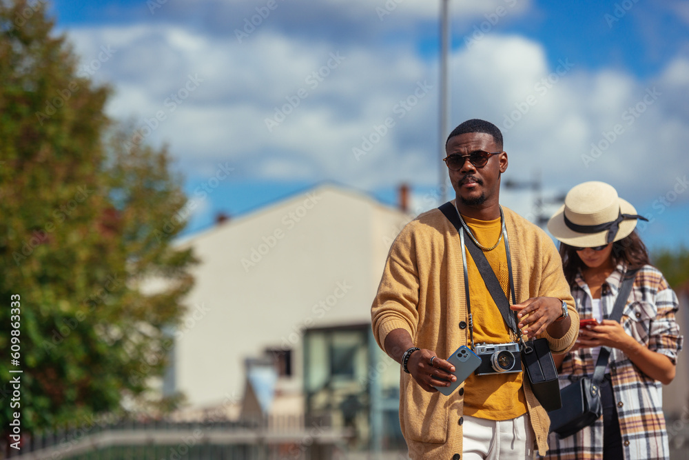 Tourists in the city. Copy space 