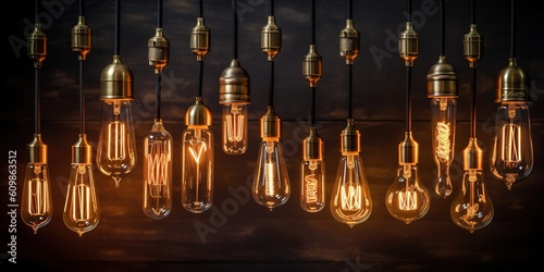 Decorative antique Edison style light bulbs, different shapes of retro lamps on dark background