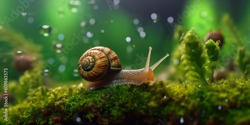 Portrait snail on the leaf with water drops AI Generative