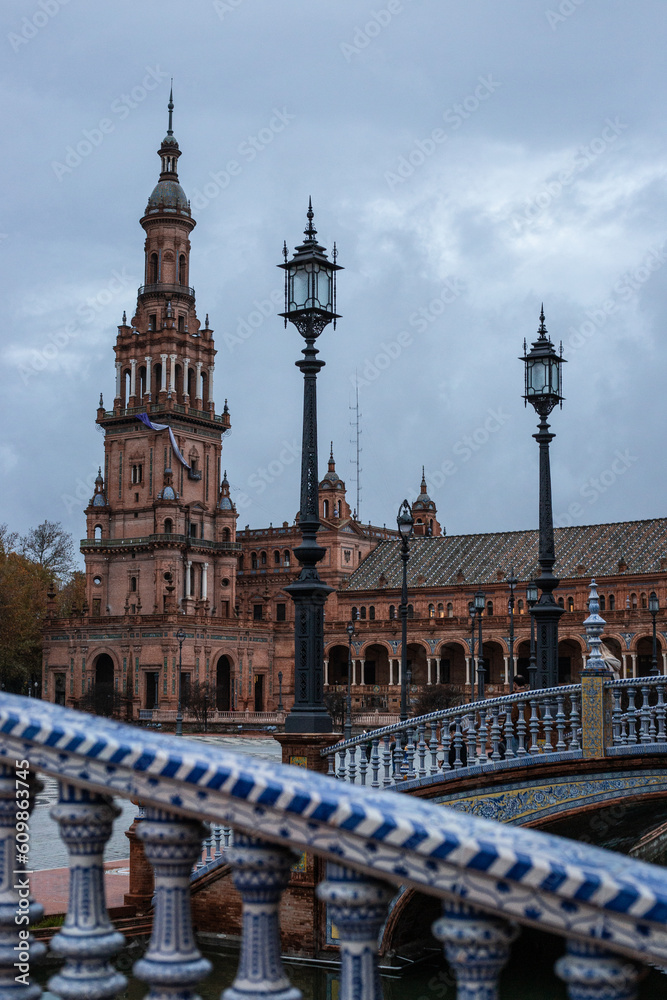 SEVILLA, SPAIN - DECEMBER 2023: Plaza de España on a rainy day