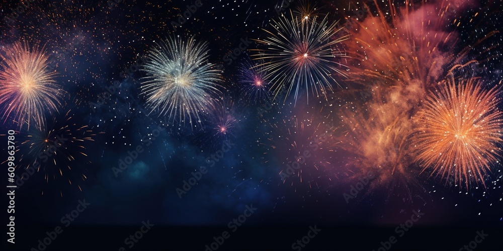 Fototapeta premium Fireworks in black night sky, wide banner for independence day, holiday background