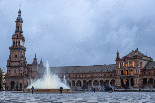 SEVILLA, SPAIN - DECEMBER 2023: Plaza de España on a rainy day