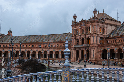 SEVILLA, SPAIN - DECEMBER 2023: Plaza de España on a rainy day