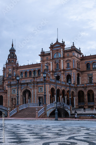 SEVILLA, SPAIN - DECEMBER 2023: Plaza de España on a rainy day