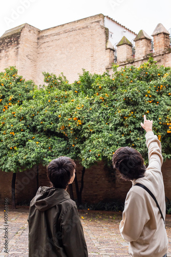 Brothers are traveling through the city of Seville, Spain. Orange trees are seen in the background
