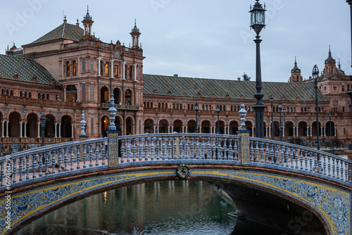 SEVILLA, SPAIN - DECEMBER 2023: Plaza de España on a rainy day
