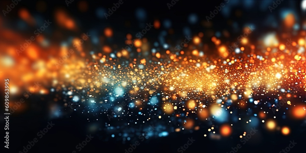 Glittering particles flying background, bokeh lights at night, blurry shiny speckles, orange blue white on black, wide banner size