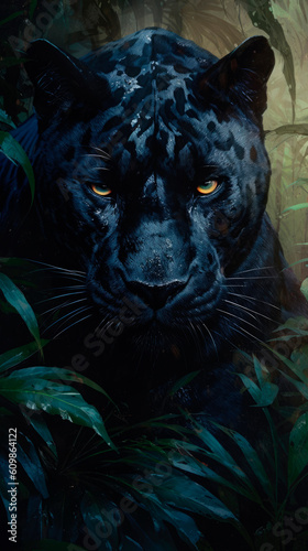 Wild black panther in the jungle. Panthera. Generative AI © Farnaces