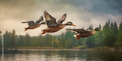 Portrait mallard ducks flying over the lake AI Generative