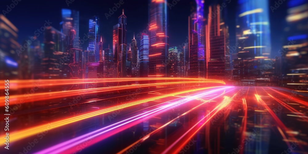 Neon lights car trails. Neon lights futuristic city background. Abstract motion speed city