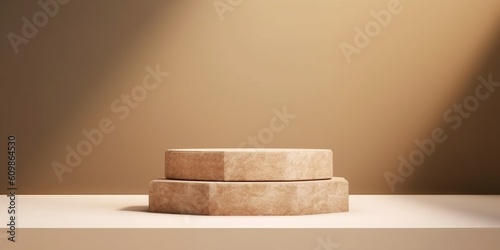 Natural stone podium mock - up for cosmetics, products, perfumes or jewelry Beige color with shadow background