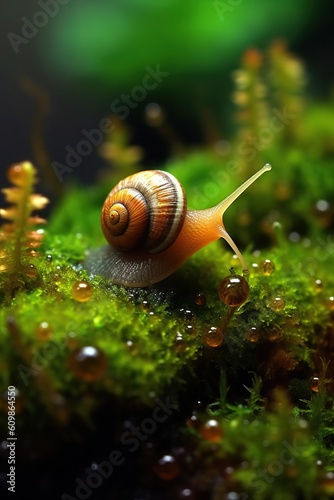 Portrait macro snail on the moss with light exposure AI Generative