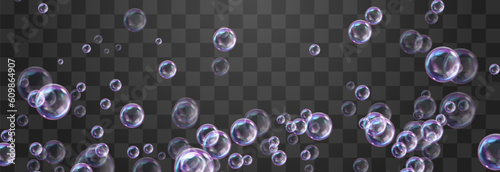 Vector realistic soap bubbles with rainbow reflection isolated on png background. Transparent colorful soap bubbles. Vector summer design element