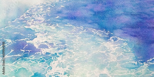 青い海と白い波しぶきの美しい水彩画