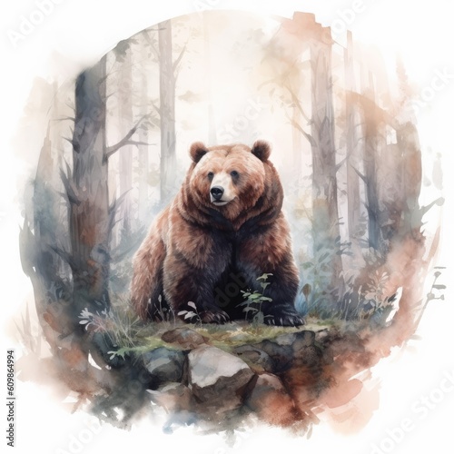 watercolor large brown bear sitting amidst a thick forest Generative Ai