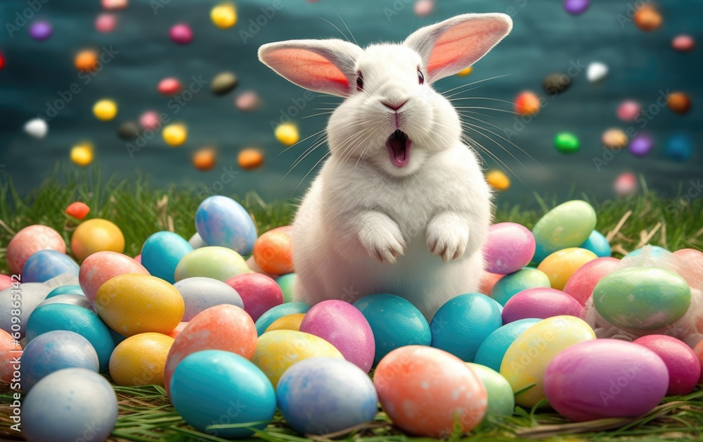 Happy Easter bunny with many colorful easter eggs, Generative AI Happy Easter bunny with many colorful easter eggs, Generative AI