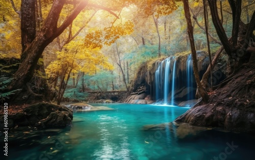 Erawan waterfall in autumn  thailand. beautiful waterfall with emerald pool in nature  Generative AI