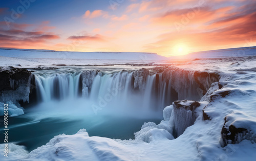 Godafoss waterfall at sunset in winter  iceland  Generative AI