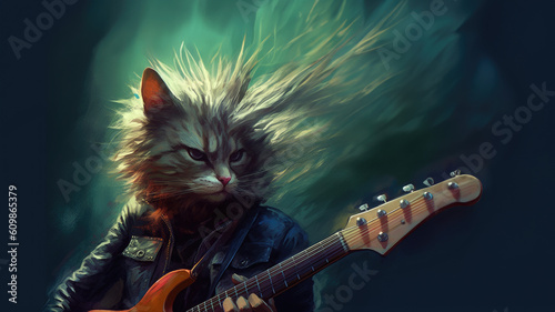 Hard rock metal guitarist cat with unruly long fur hair and cool leather jacket playing an electric guitar on concert stage - insanely wild and unique feline portraiture illustration - generative AI  photo