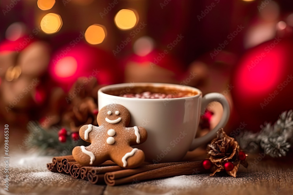 Gingerbread man bathes in a cup of hot chocolate, generative ai. Gingerbread man bathes in a cup of hot chocolate, generative ai.