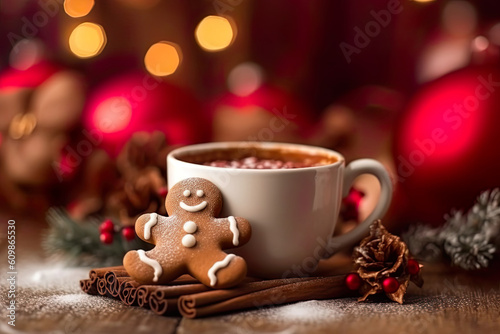 Gingerbread man bathes in a cup of hot chocolate  generative ai.
