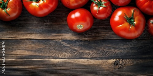 Tomatoes on old wooden table, fresh red tomato vegetables flat lay with copy space