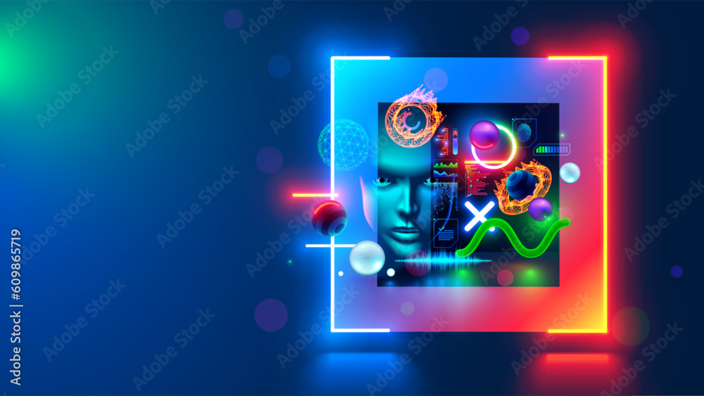 Technology abstract background. computer digital futuristic neon square frame with AI face, 3d geometric shapes in cyberspace. Artificial intelligence head. Abstract digital computer tech banner.
