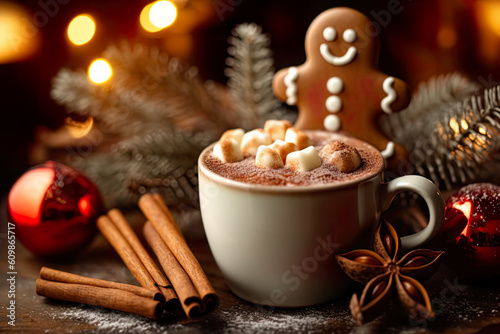 Gingerbread man bathes in a cup of hot chocolate, generative ai.
