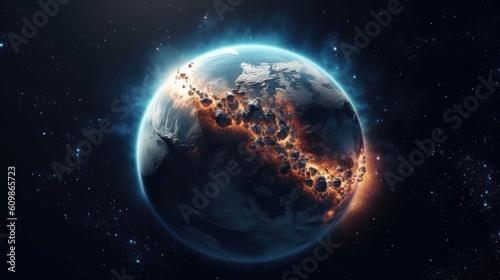 Planet earth in space, potential nuclear explosion along the coast, Generative AI