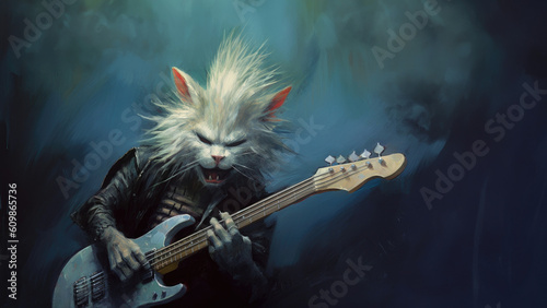 Hard rock metal guitarist cat with unruly long fur hair and cool leather jacket playing an electric guitar on concert stage - insanely wild and unique feline portraiture illustration - generative AI 