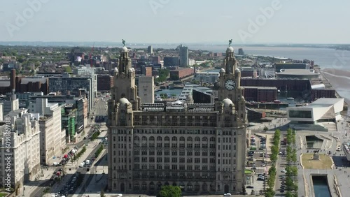 A drone push past the Liverbuilding with the Liverbirds. 4k DRONE  photo