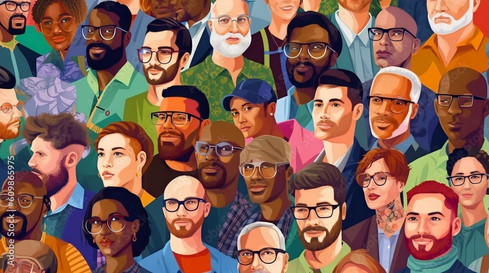 illustration of a diverse group of handsome man with natural beauty and glowing smooth skin, Generative AI