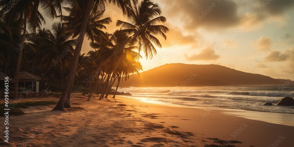 A beach with palm trees at sunset.