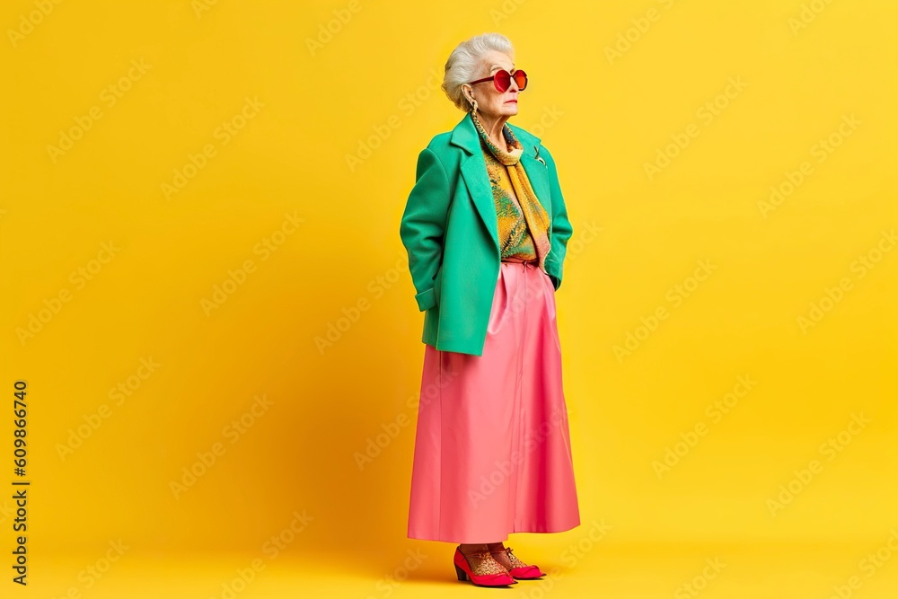 Older woman in funny and colorful clothes smiles and shows active and vitality. Ai generated.