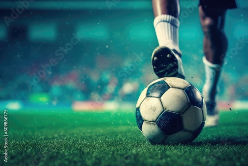 closeup foot of soccer player in action, Generative AI