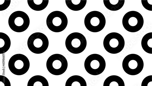 Seamless geometric patter with black circles on white background tile overlap. 80s-90s retro design. Vector illustration.