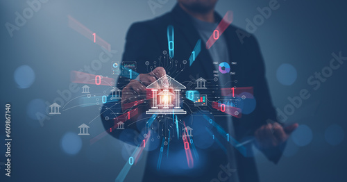 Technology and business finance concept, Businessman touching icon online banking and icon network connection, online payments, shopping and digital technology on virtual screen, global business
