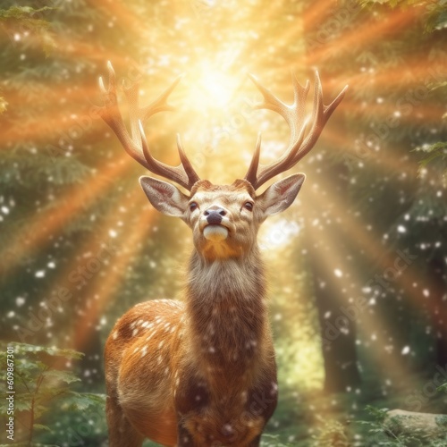 a deer with its head in the sunlight showing its mane Generative Ai © rainbowevolve
