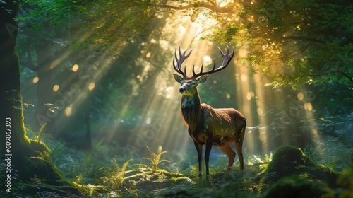Deer in Forest Sunlight with Tree Reflection Generative Ai © rainbowevolve