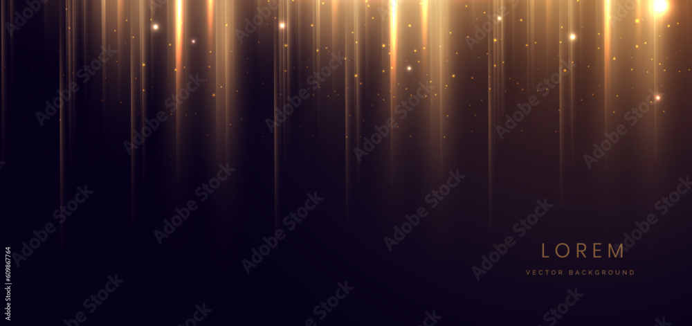 Abstract glowing gold vertical lighting lines on dark background with ...