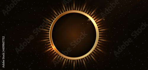 Abstract luxury golden circles lines overlapping on dark blue background with lighting effect and sprkle. Template premium award design.