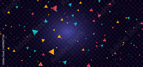 Red, orange and blue triangle and sparkling on dark blue background. Celebration party happy concept.
