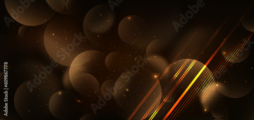 Abstract glowing gold circles ray lines on dark brown background with lighting effect and sparkle with copy space for text.